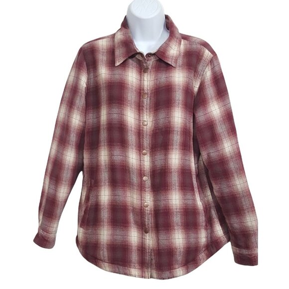 Bit & Bridle Sherpa Lined Flannel Shacket Womens M Red Plaid Snap Button Long Sl - Picture 4 of 6